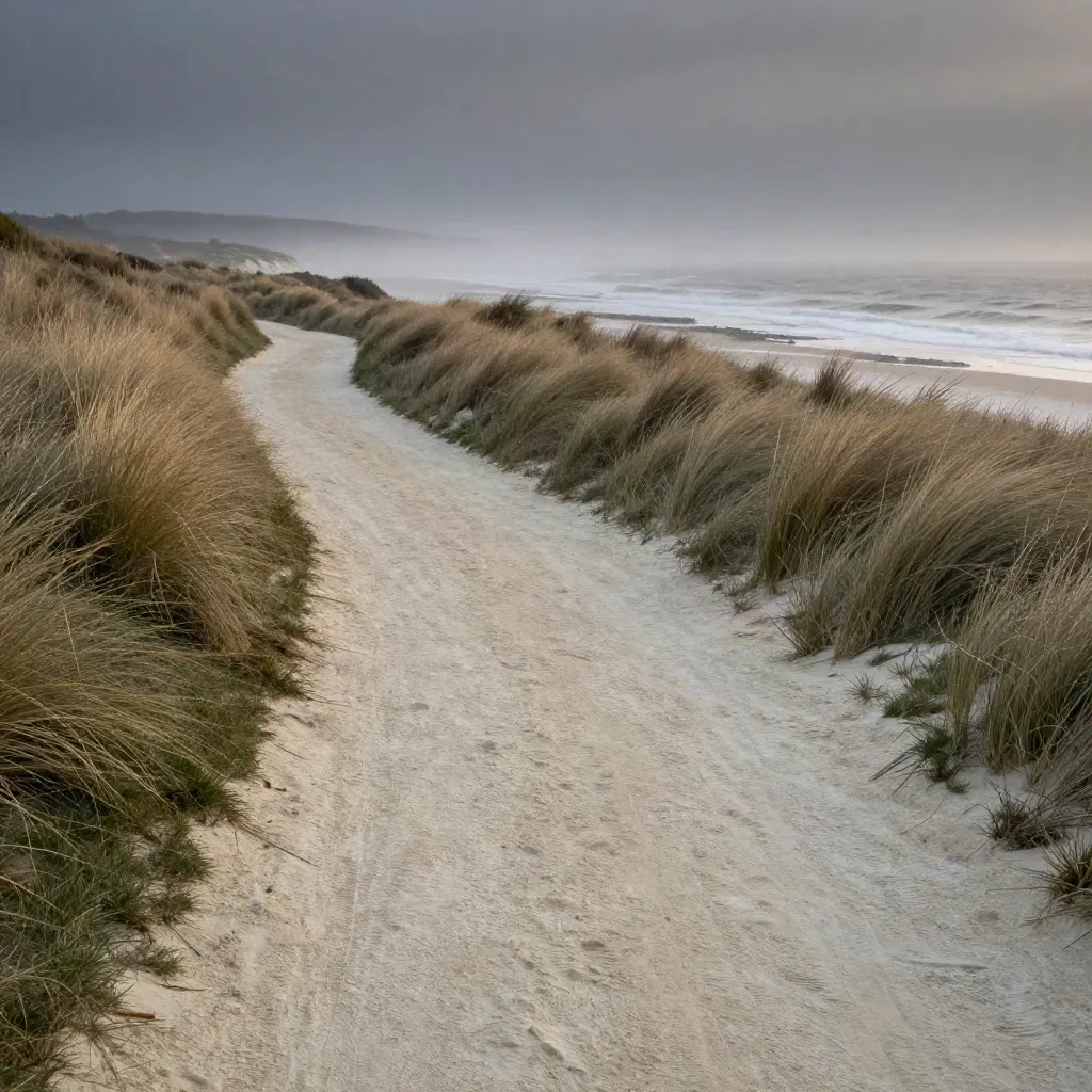 Blue-hour coastal chalk path with salt grass and mist over a calm open shoreline.