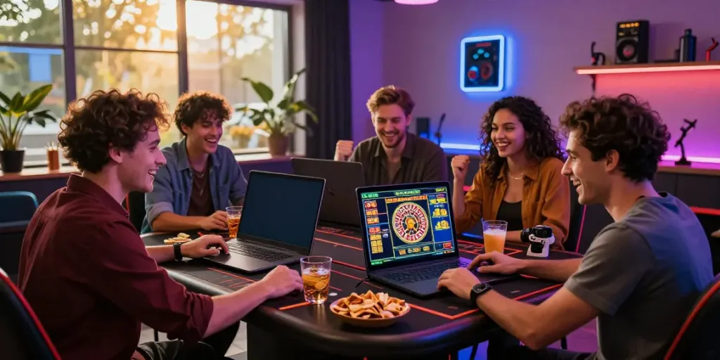 Friends enjoying the best non gamstop casinos while playing online games together in a lively setting.