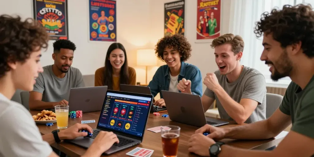 Group of friends discussing best non GamStop casinos around laptop in cozy living room.