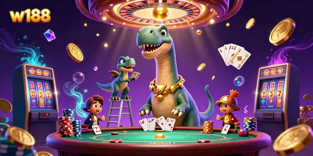 W188 offers a vibrant gambling experience with a unique casino illustration of a giant brontosaurus and clever raptor hosting a poker game.