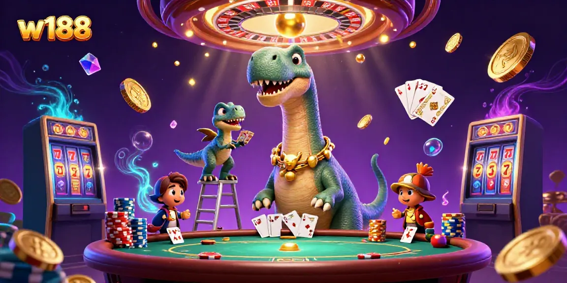 W188 offers a vibrant gambling experience with a unique casino illustration of a giant brontosaurus and clever raptor hosting a poker game.