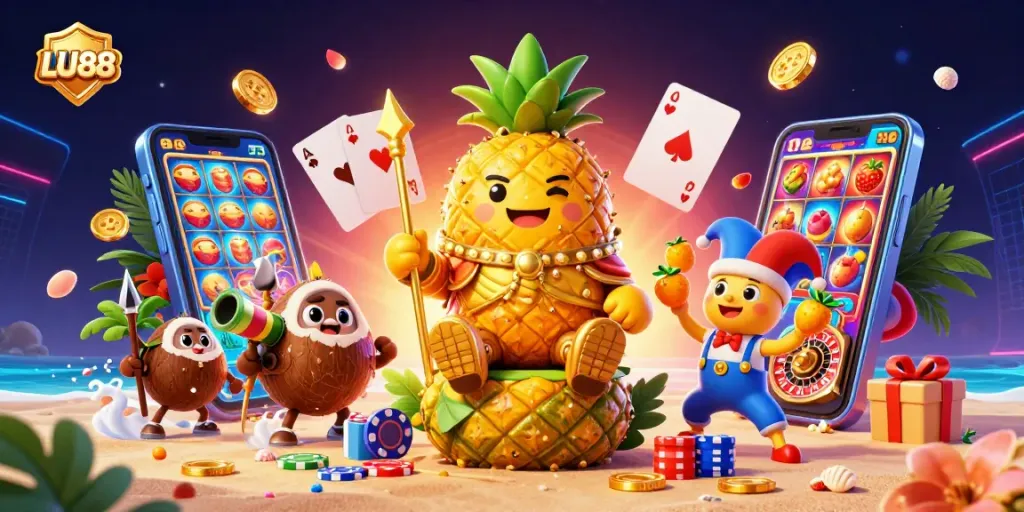 LU88 animated characters launch a beach casino game with vibrant slots, golden coins, and beachfront fun.