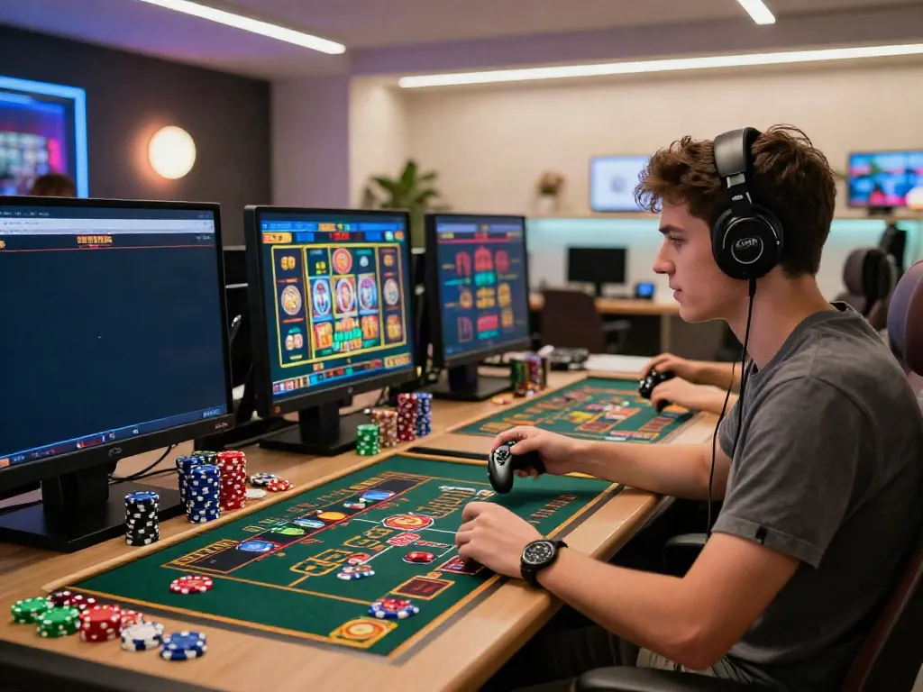 Best non GamStop casinos gaming scene with a focused player at a bright and colorful gaming desk.