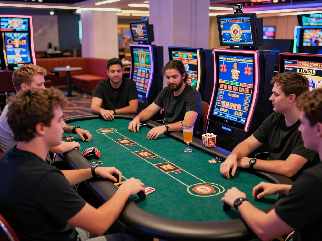 Exciting scene of players enjoying the best non gamstop casinos at a vibrant gaming station.