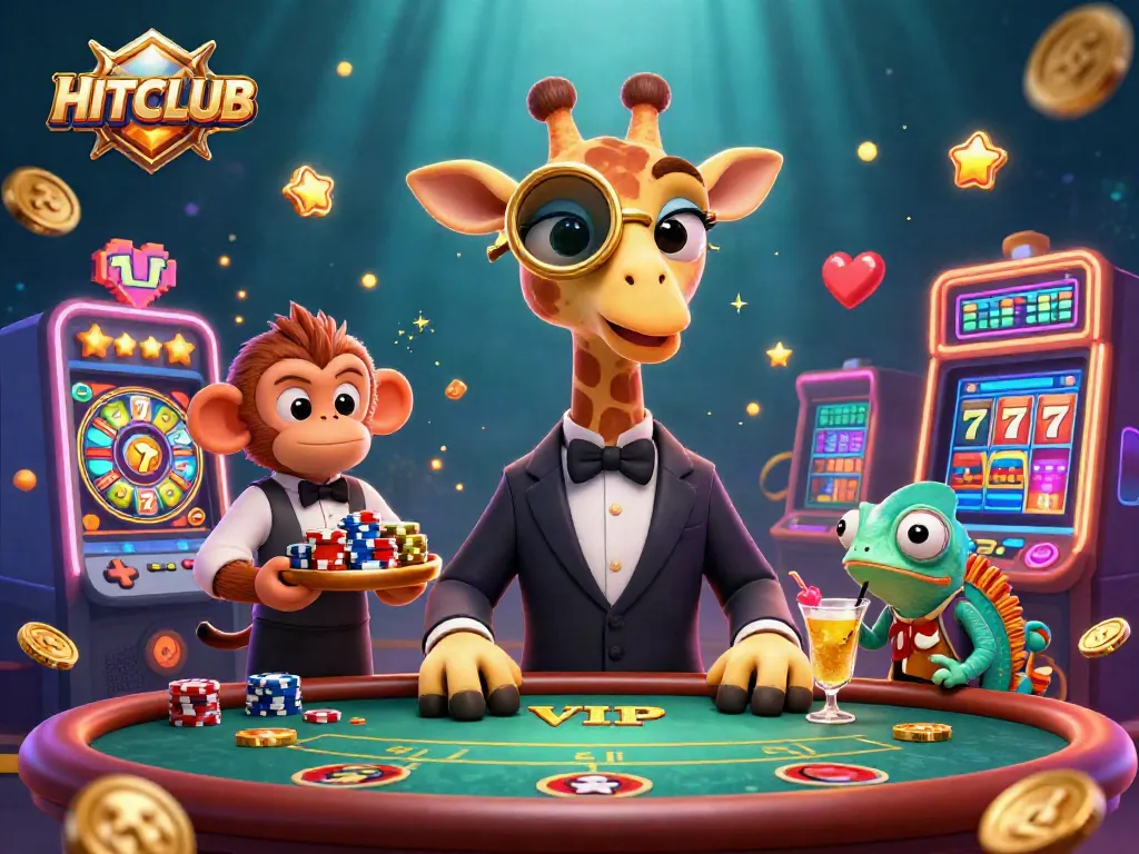 Experience HITCLUB's vibrant online gaming scene with a high-roller giraffe at a VIP table.