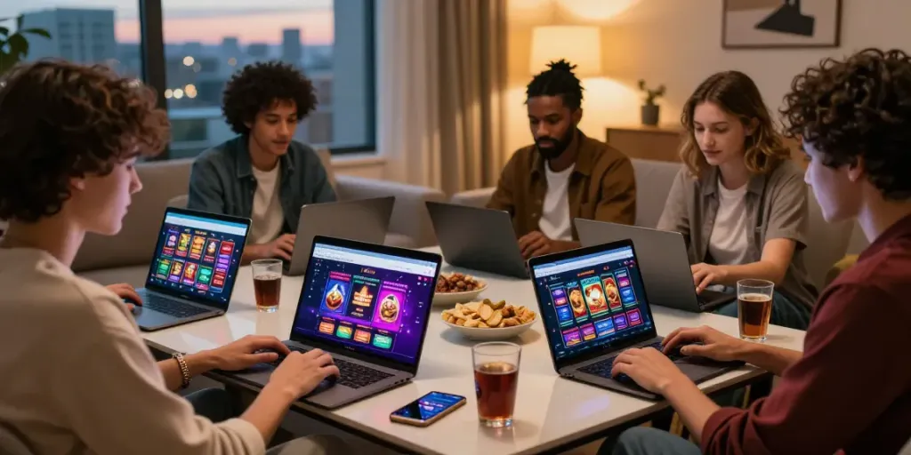 Group exploring best non gamstop casinos on laptops with snacks in cozy living room