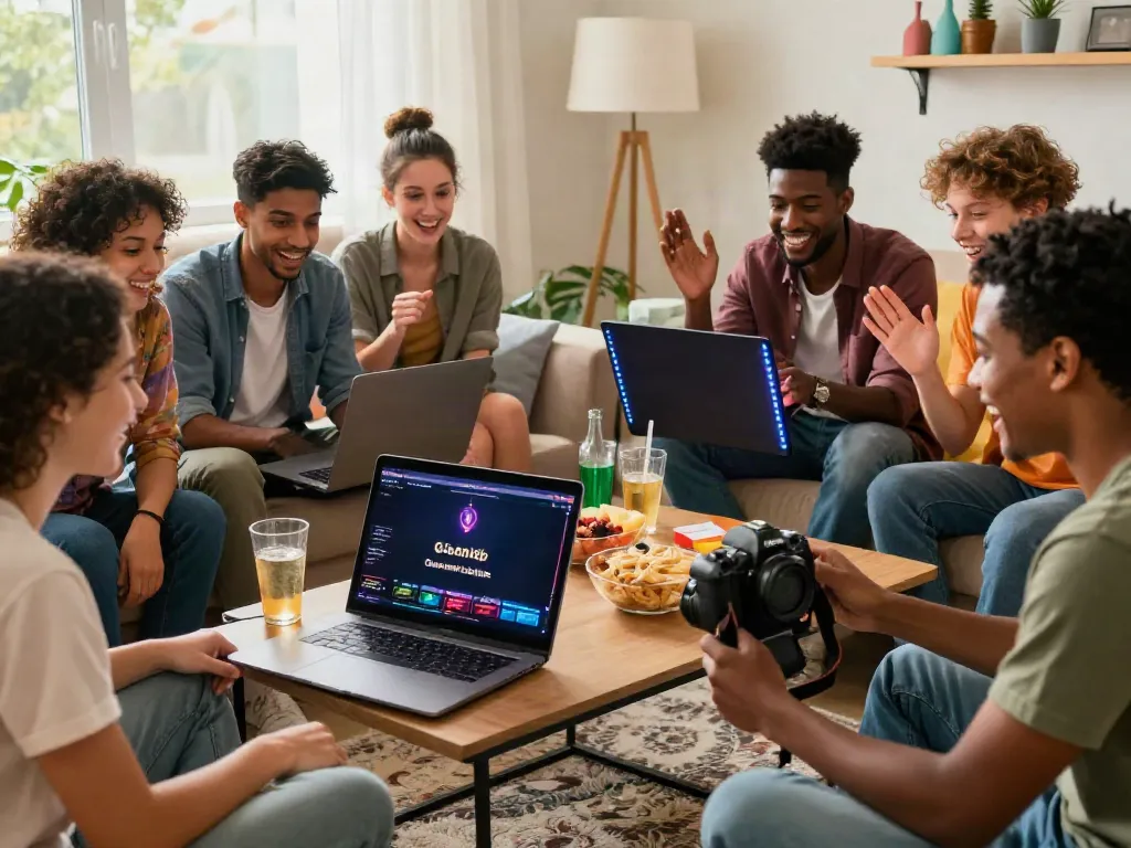 Exciting scene of friends enjoying the best non GamStop casinos while gaming online in a cozy living room.