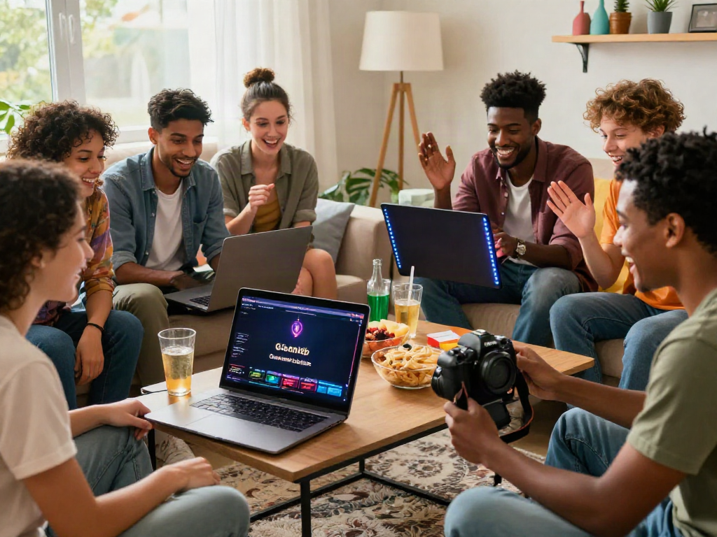 Exciting scene of friends enjoying the best non GamStop casinos while gaming online in a cozy living room.