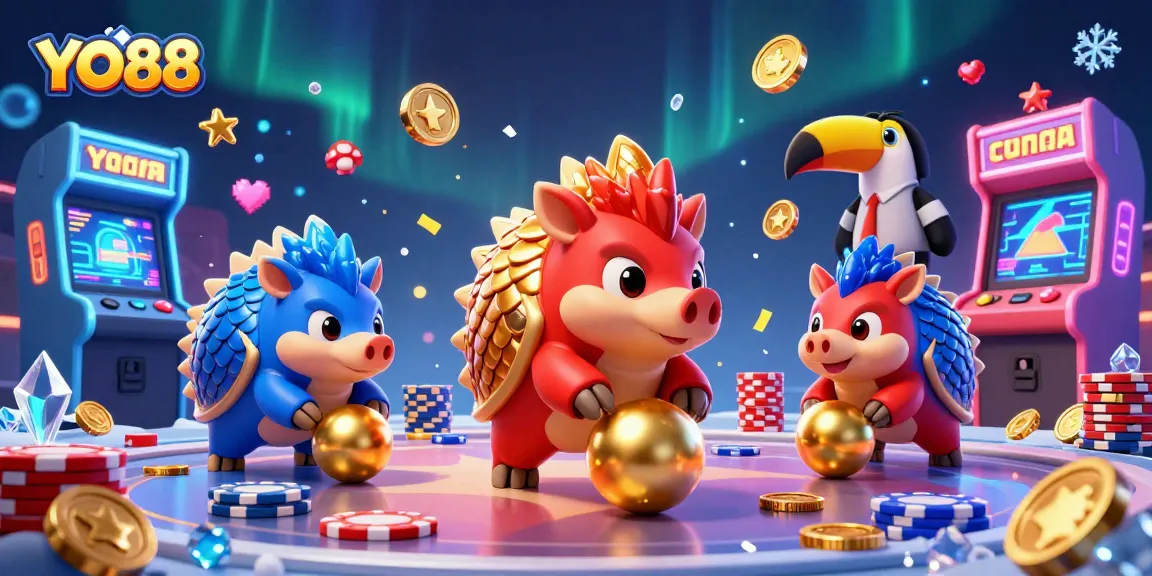 Experience thrilling gameplay at YO88 with colorful casino elements and engaging rival pangolin characters.