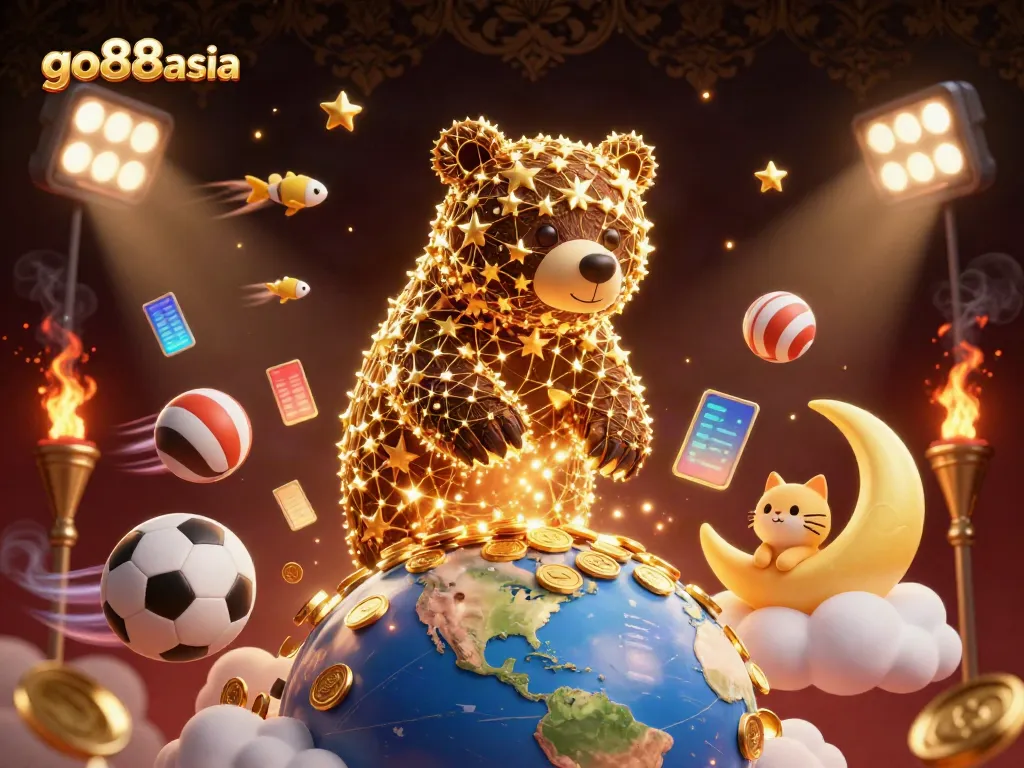 Experience thrilling moments at go88asia with a constellation bear and golden sports elements in a dynamic casino scene.