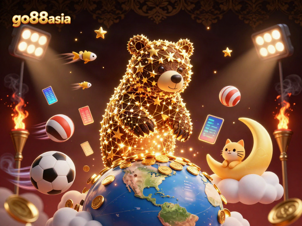 Experience thrilling moments at go88asia with a constellation bear and golden sports elements in a dynamic casino scene.