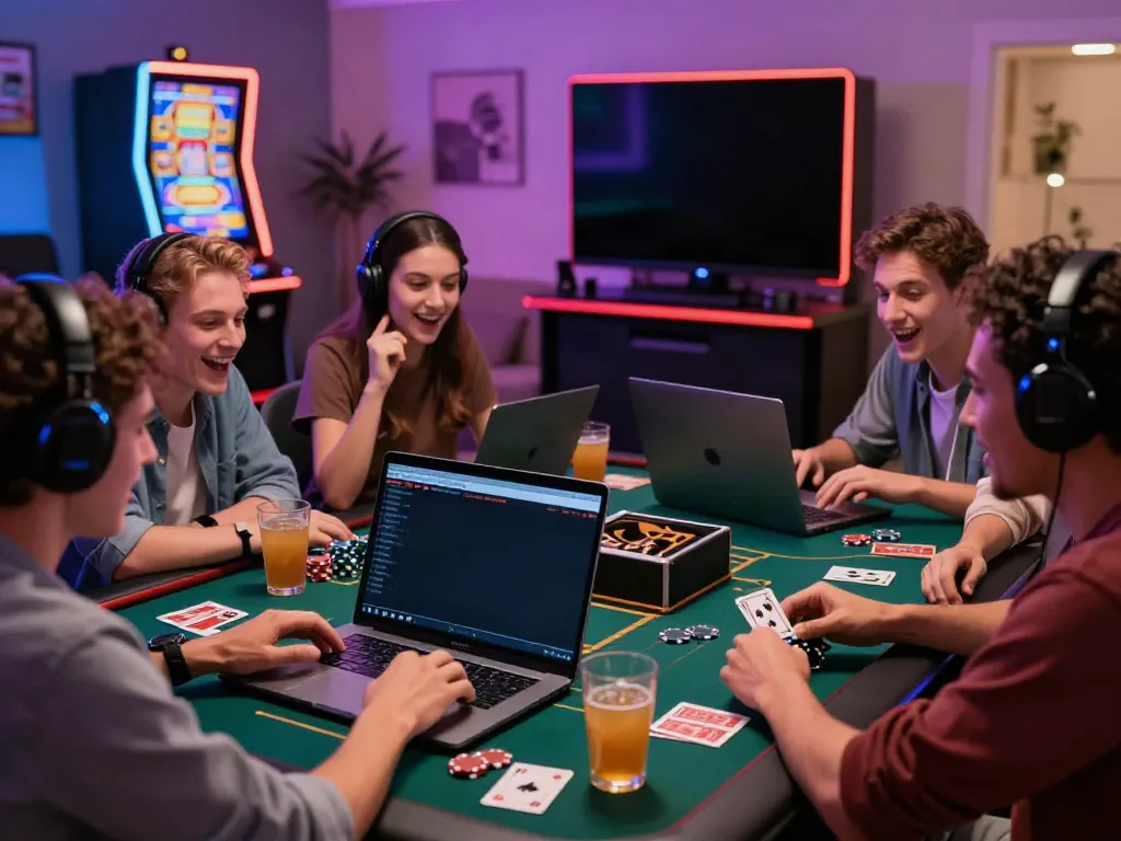 Friends having fun at the best non gamstop casinos, playing games together in a lively atmosphere