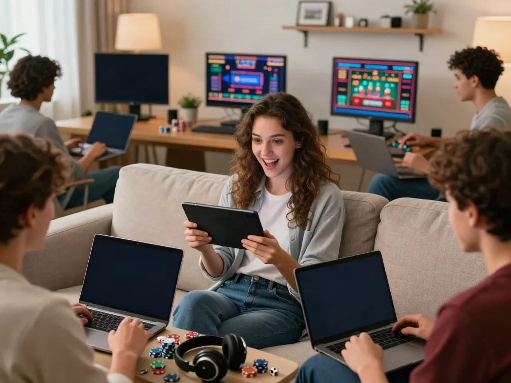 Excited players exploring the best non gamstop casinos in a cozy gaming lounge.