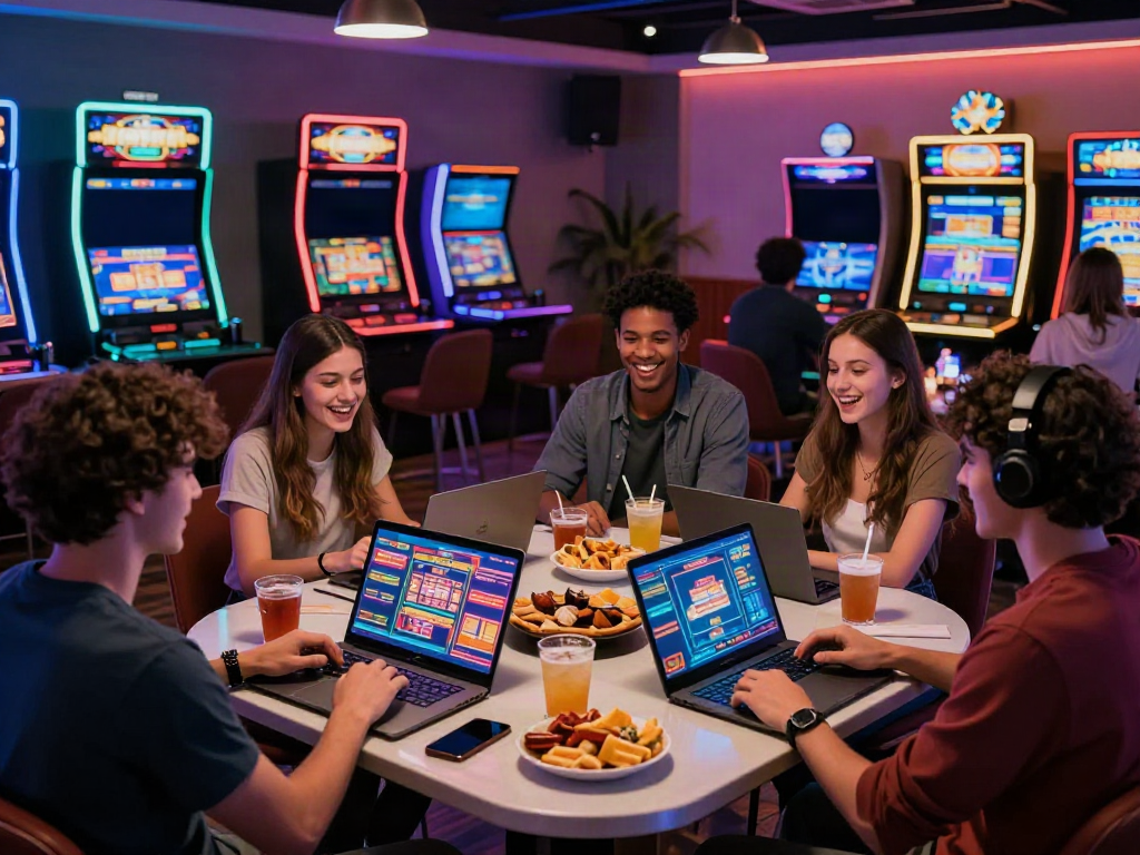 Group enjoying game night at the best non gamstop casinos, surrounded by vibrant decor and tech.