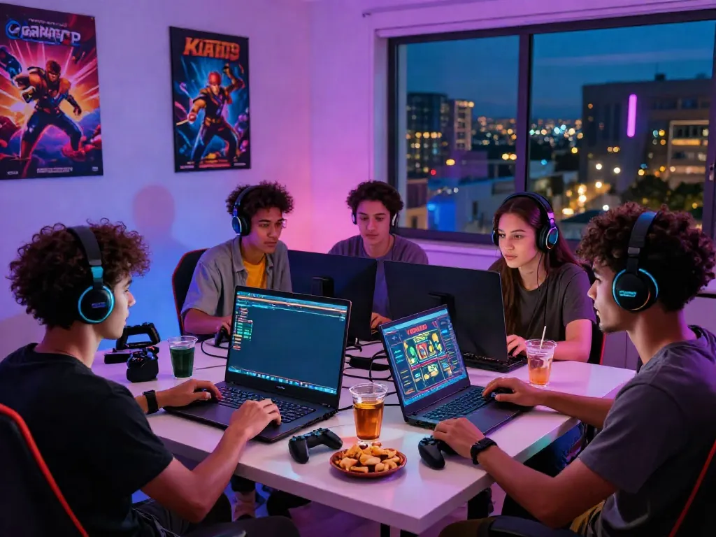 Friends enjoying gaming at the best non gamstop casinos in a vibrant setting