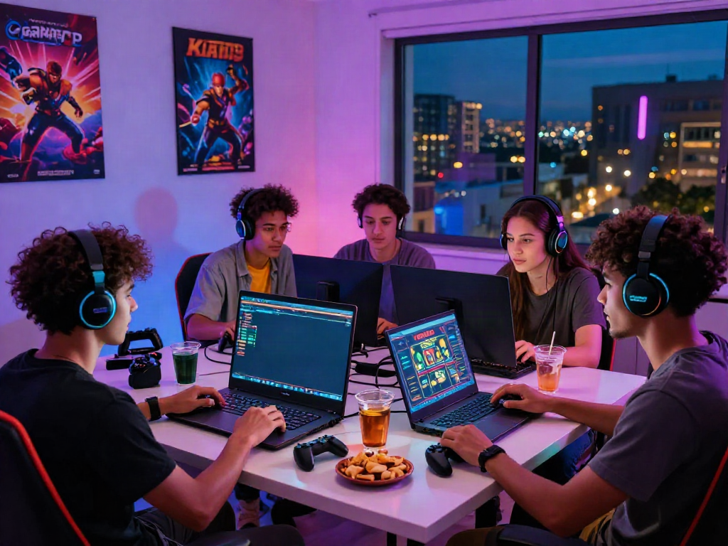 Friends enjoying gaming at the best non gamstop casinos in a vibrant setting