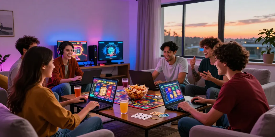 Friends enjoying the best non gamstop casinos while playing online games in a cozy living room.