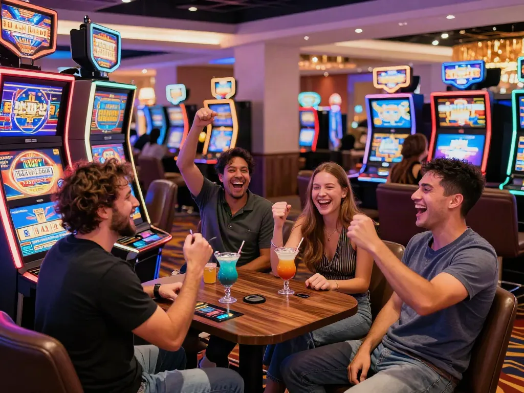 Group of friends celebrating at the best non gamstop casinos with colorful gaming machines