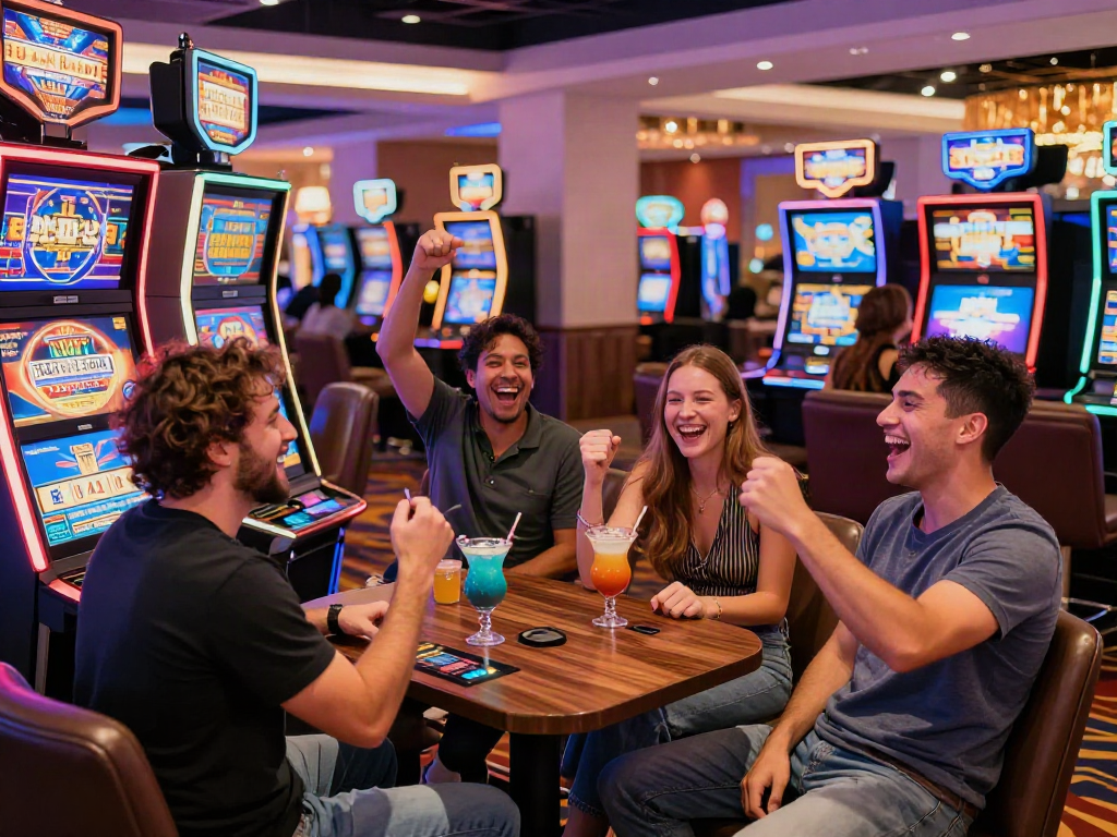 Group of friends celebrating at the best non gamstop casinos with colorful gaming machines