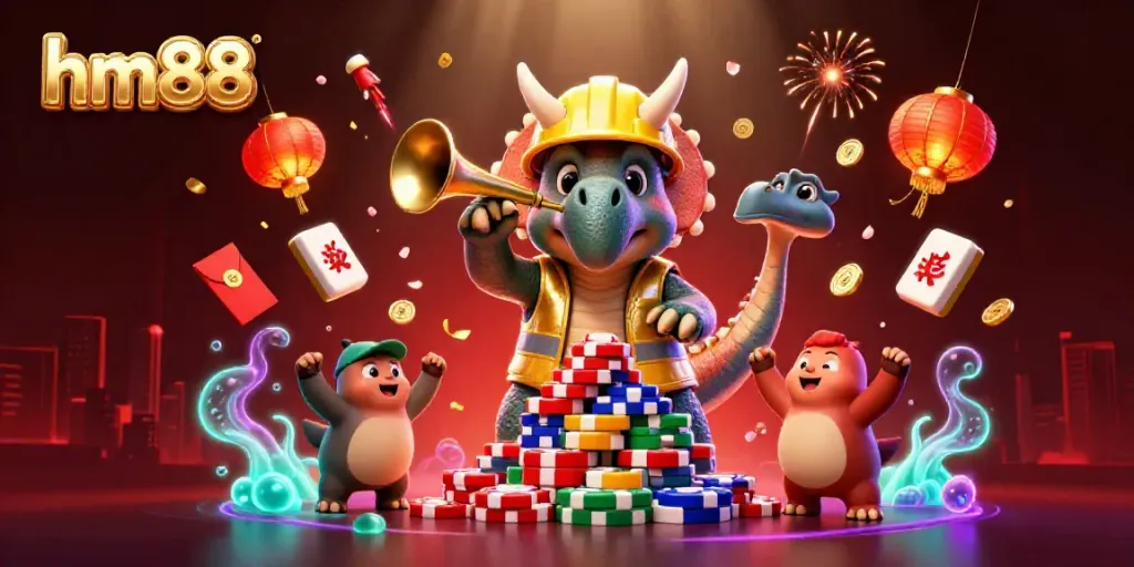Experience the thrill of hm88 with a vibrant 3D cartoon scene featuring dynamic characters and festive casino elements.