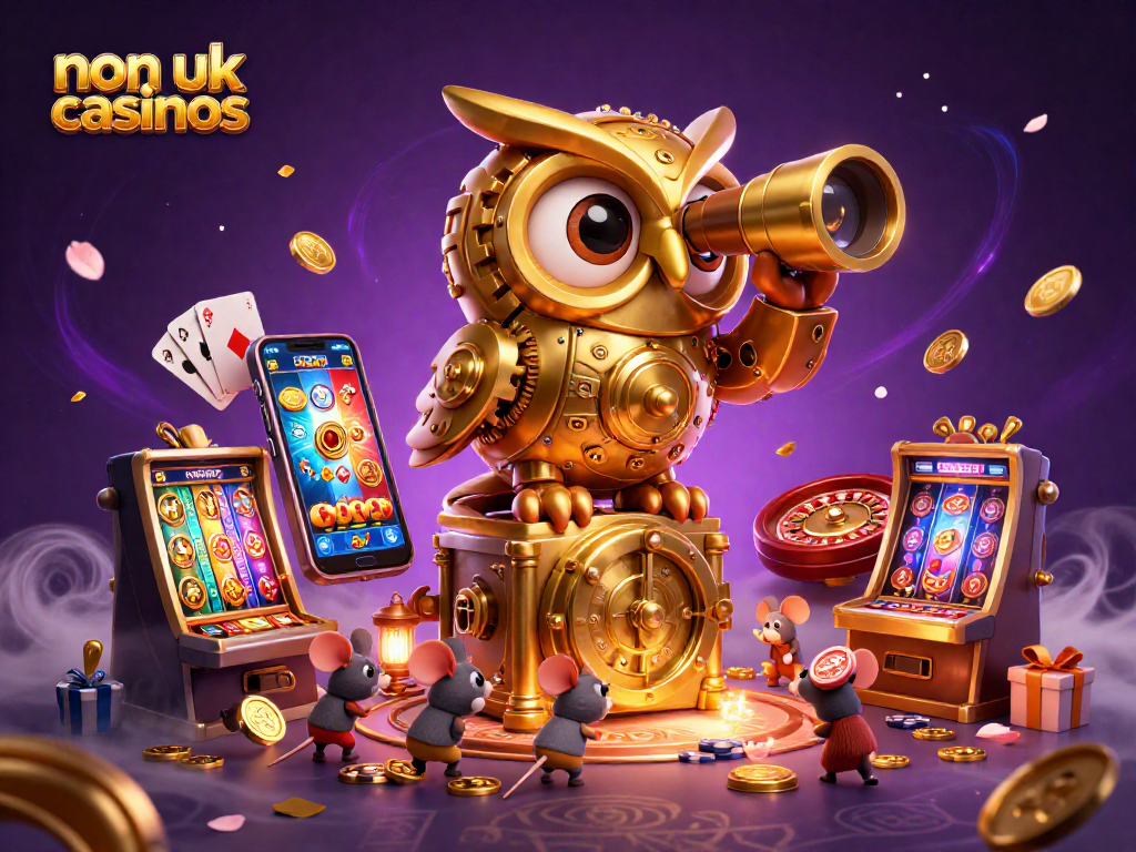 Experience thrilling non UK casinos with a golden owl overseeing engaging gaming action.