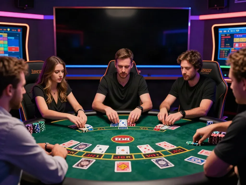 Engaging scene of players at the best non gamstop casinos enjoying vibrant blackjack at a virtual table.