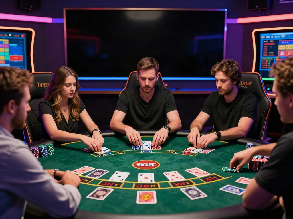 Engaging scene of players at the best non gamstop casinos enjoying vibrant blackjack at a virtual table.
