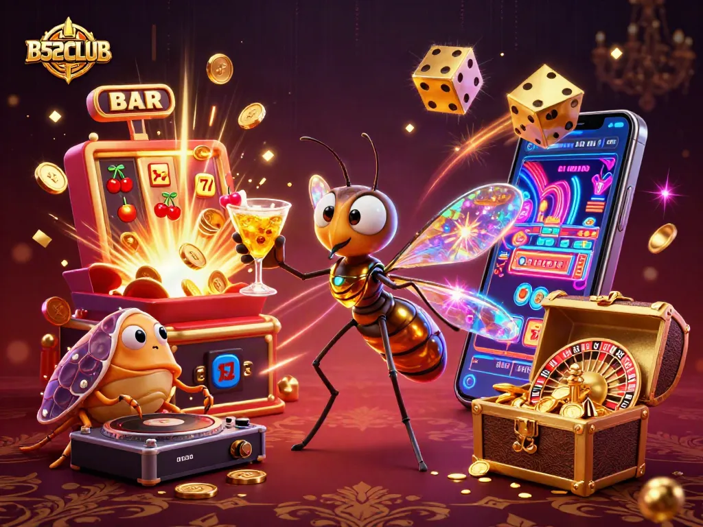 Experience B52CLUB gaming excitement with a vibrant 3D illustration showcasing colorful casino elements.