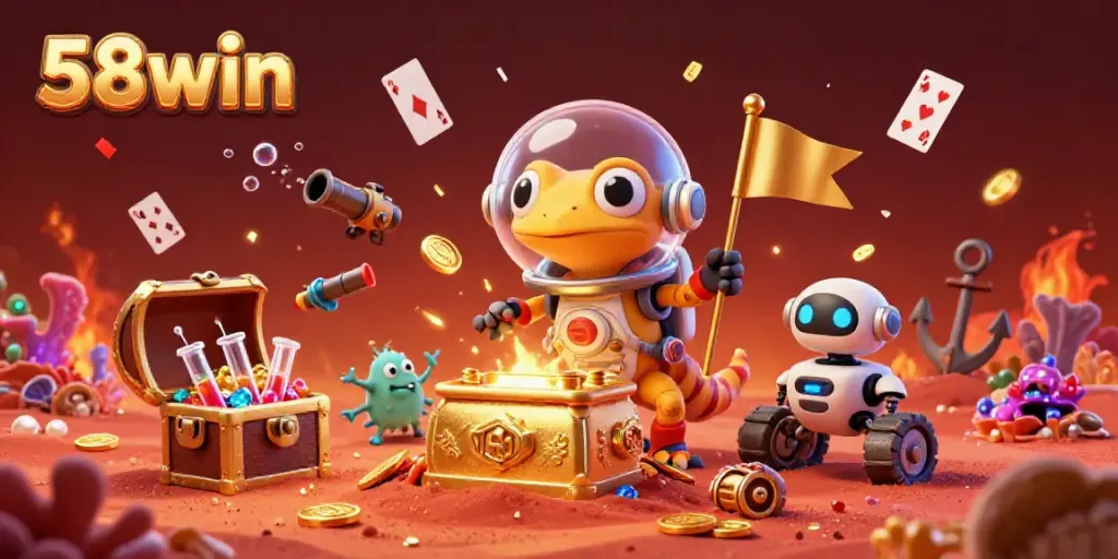 Experience the thrill of 58win in a vibrant Martian casino adventure with a gecko and treasures.