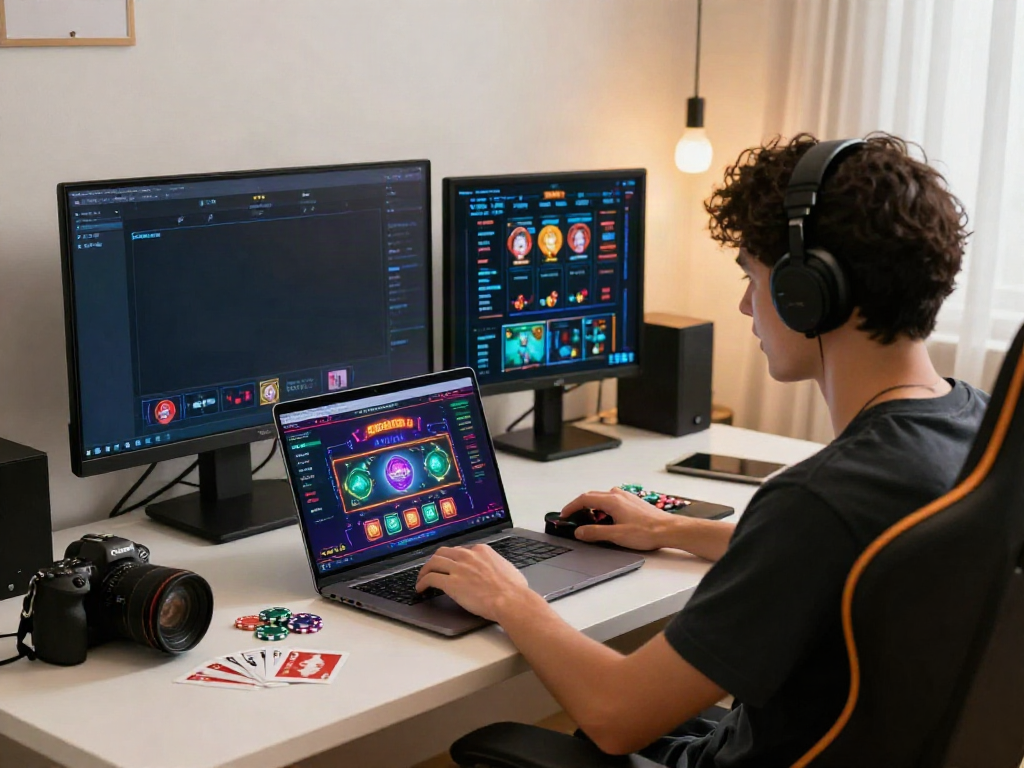 Engaged gamer exploring best non gamstop casinos on a vibrant laptop setup.