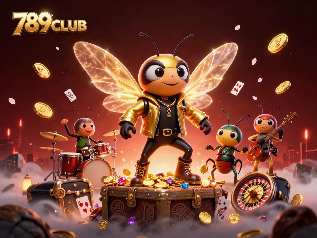 Experience thrilling gaming with 789CLUB illustrated in vibrant 3D featuring cards, coins, and a lively scene.