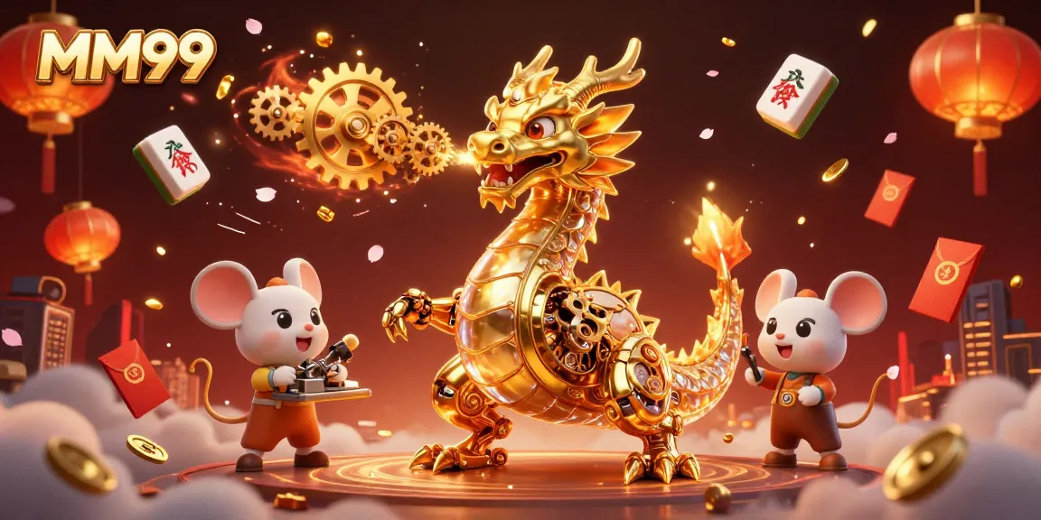 Engage with the vibrant MM99 casino scene featuring a golden dragon amidst game elements.