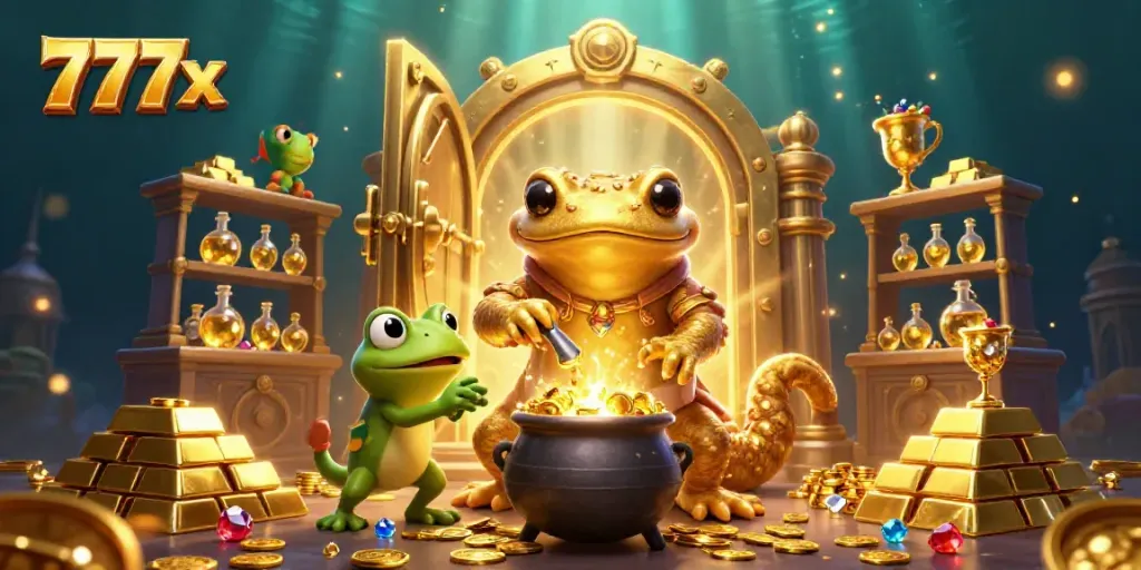 Experience the magic of 777x as the golden salamander transmutates coins in a dynamic casino scene.