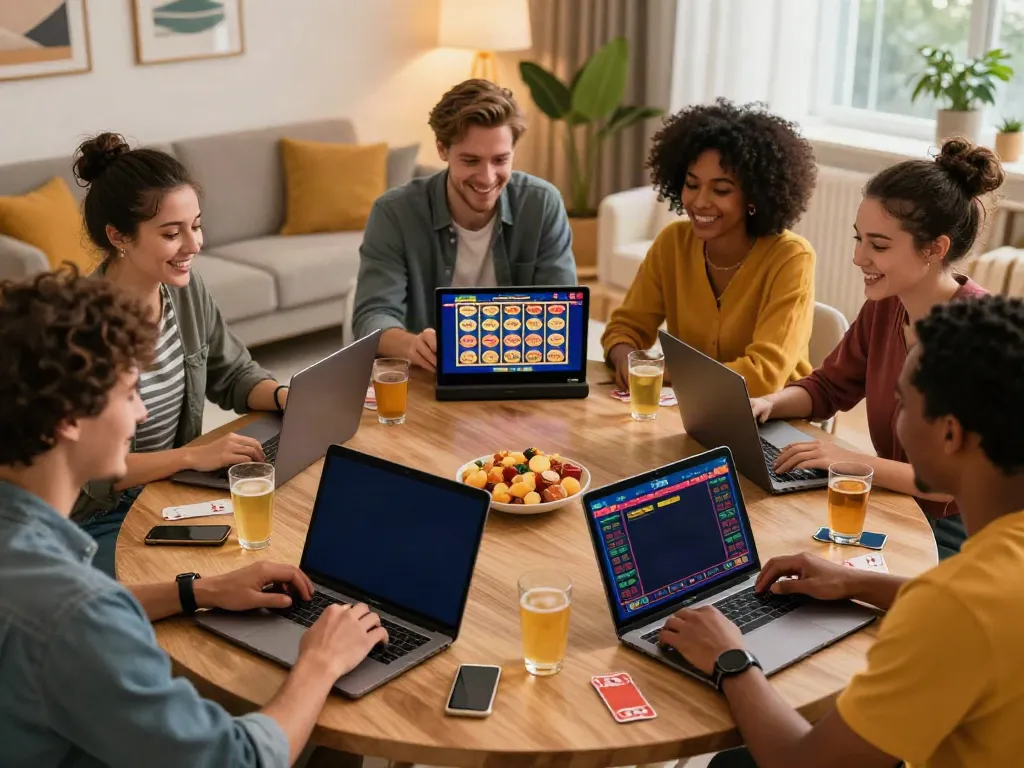Friends enjoying the best non gamstop casinos during an online game night.