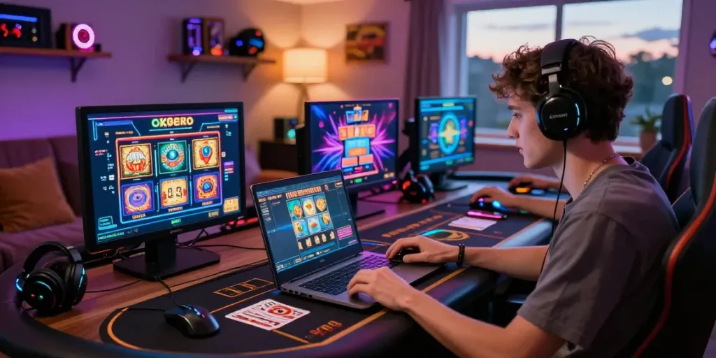 Engaging player immersed in oxbet casino, surrounded by vibrant gaming lights and graphics from slots and card games.