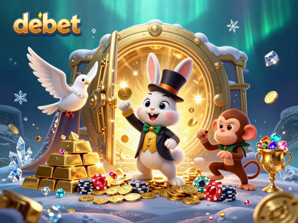 Experience the magical world of debet as a 3D rabbit magician conjures golden coins, sparkling treasures surrounding the scene.