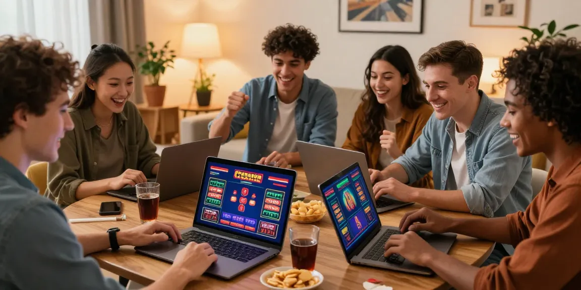 Friends enjoying gaming experience at the best non gamstop casinos in a cozy home.