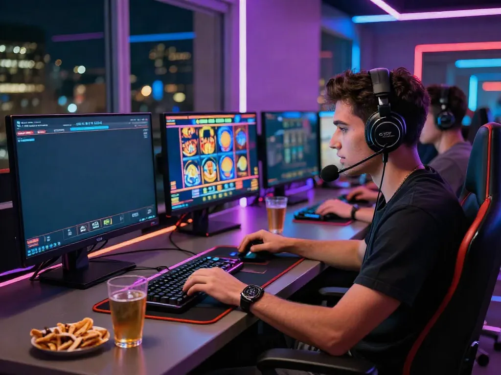 Engaging scene of the best non gamstop casinos with a gamer at a high-tech setup.