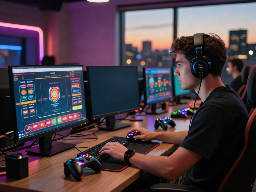 Engaged player enjoying the best non gamstop casinos experience at a desktop setup amidst a lively atmosphere.