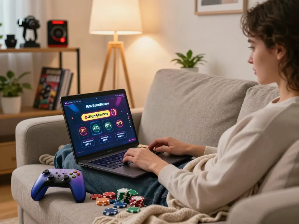 Person enjoying gaming at the best non GamStop casinos in a cozy home setting