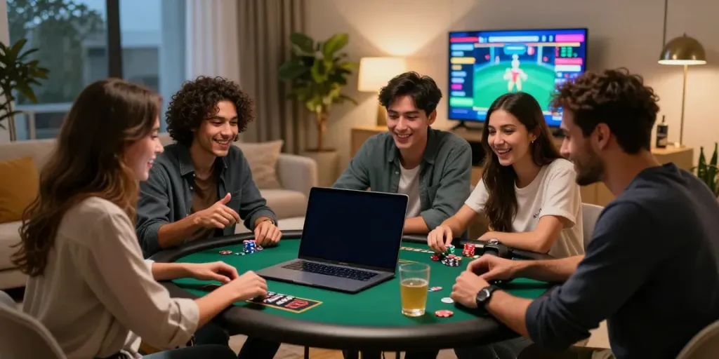 Excited friends enjoying the best non gamstop casinos together at home with colorful lights and gaming setup.