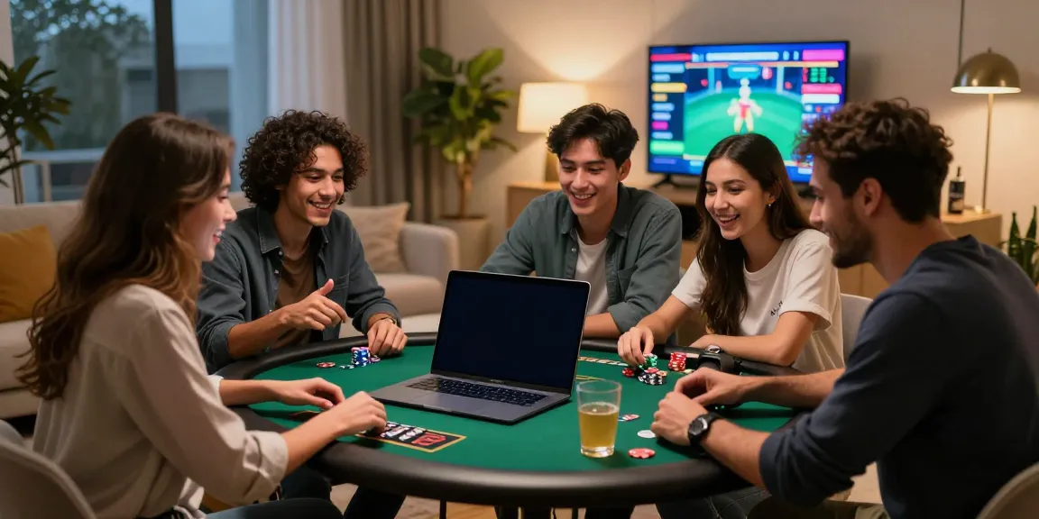 Excited friends enjoying the best non gamstop casinos together at home with colorful lights and gaming setup.