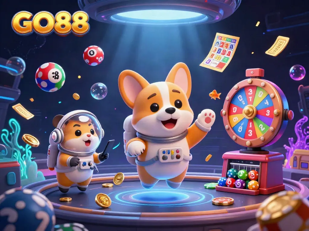 Experience the thrill of gaming at GO88 with a vibrant space-themed casino featuring 3D characters, colorful lottery elements, and floating treasures.