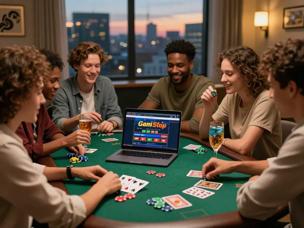 Friends enjoying online gaming at the best non gamstop casinos with vibrant atmosphere.