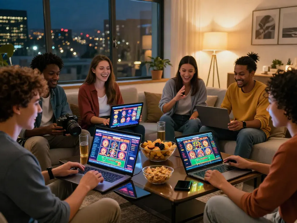 Friends enjoying a gaming night exploring the best non GamStop casinos in a cozy living room.