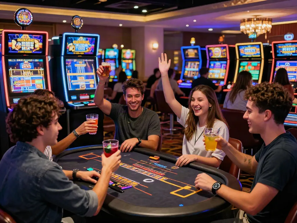 Exciting gaming environment at the best non GamStop casinos with friends celebrating wins.