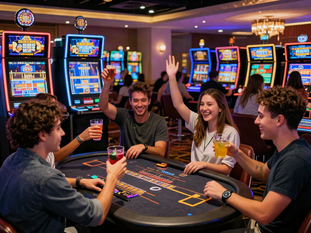 Exciting gaming environment at the best non GamStop casinos with friends celebrating wins.