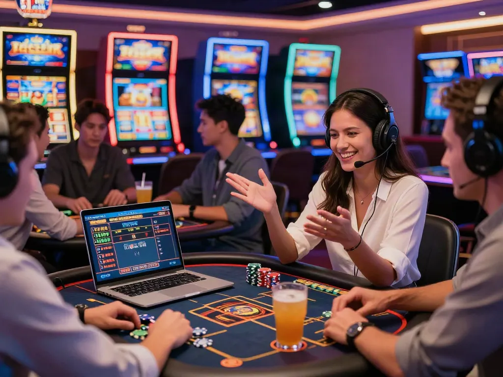Engaging players at the best non gamstop casinos enjoying online gaming together with vibrant slot machines in the background.