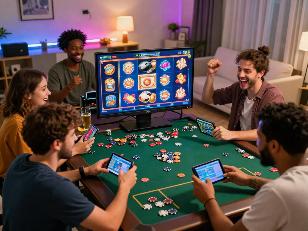Friends enjoying the best non gamstop casinos during an exciting game night.