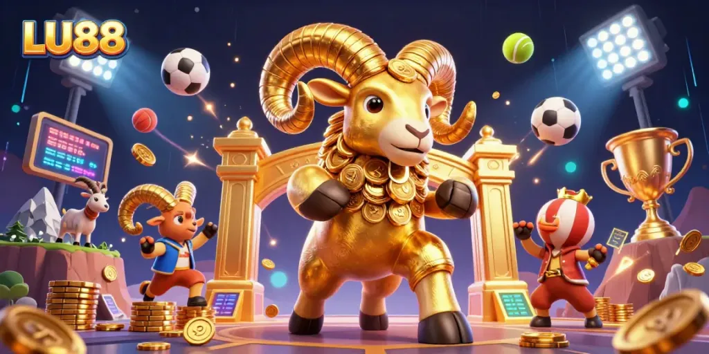LU88 delivers an immersive gambling experience with a dynamic scene featuring a golden ram amidst sports betting elements.